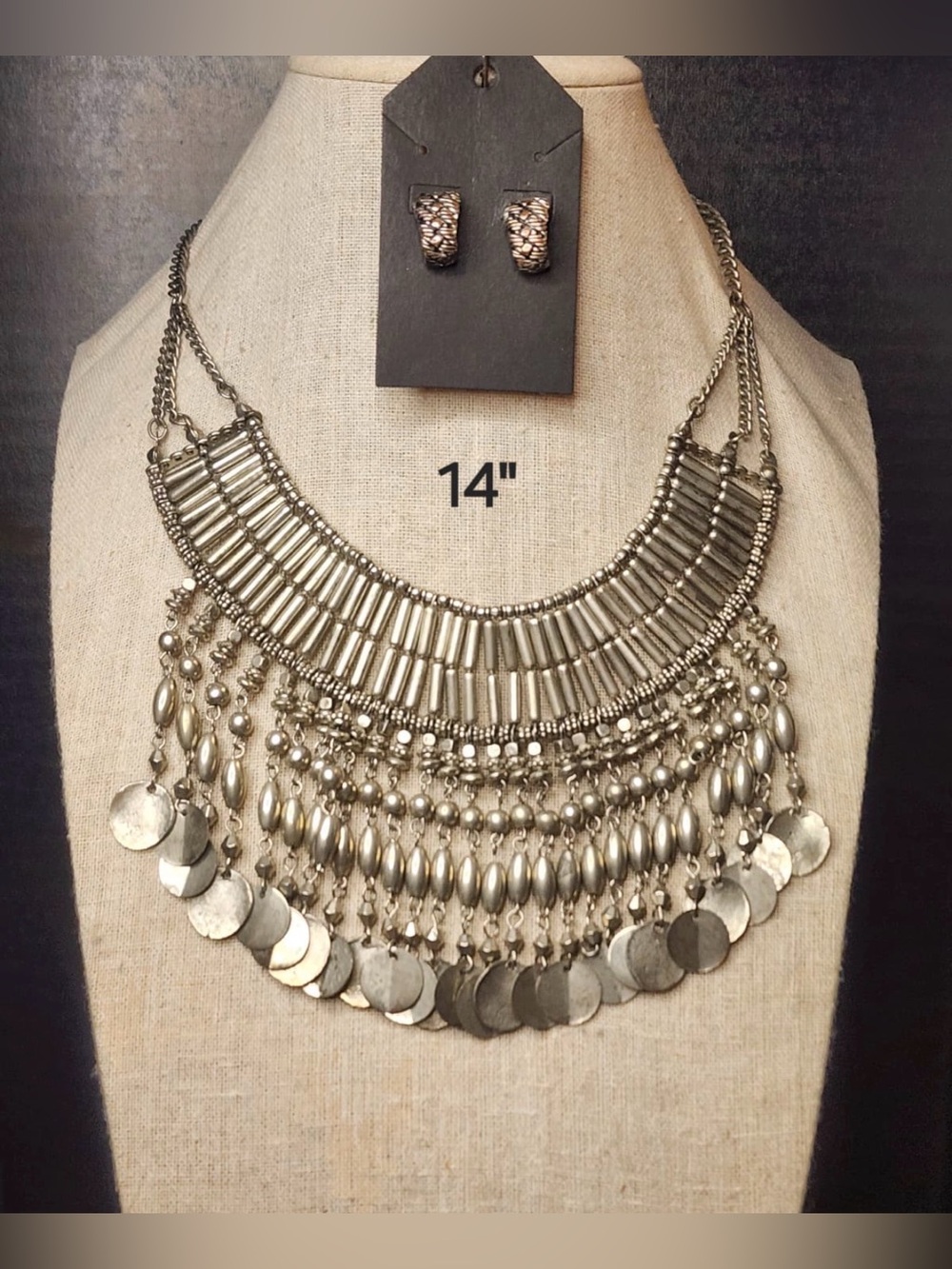 148. Statement Silver-Tone Bohemian Bib Necklace and Earrings Set